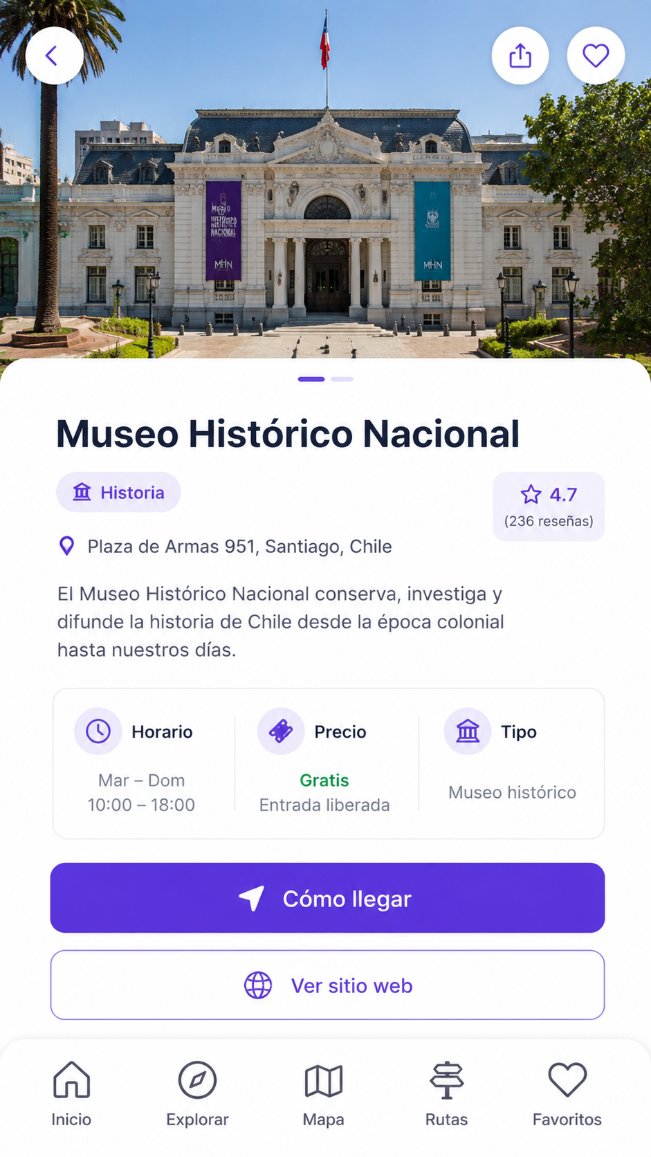 Ficha completa de un museo en la app MuseoMap Chile